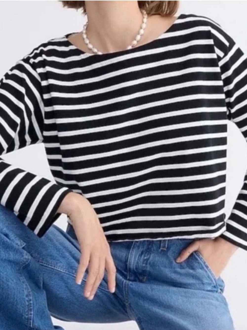 J.Crew Classic-Fit Black & White Striped Boatneck Top 100% Cotton
